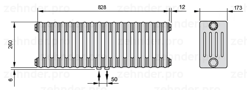 Схема (чертеж) Радиатор Zehnder Charleston 5026/18 №3470 Белый глянцевый RAL 9016